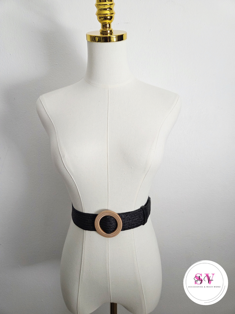 Stretchy Black woven belt with tan circular buckle